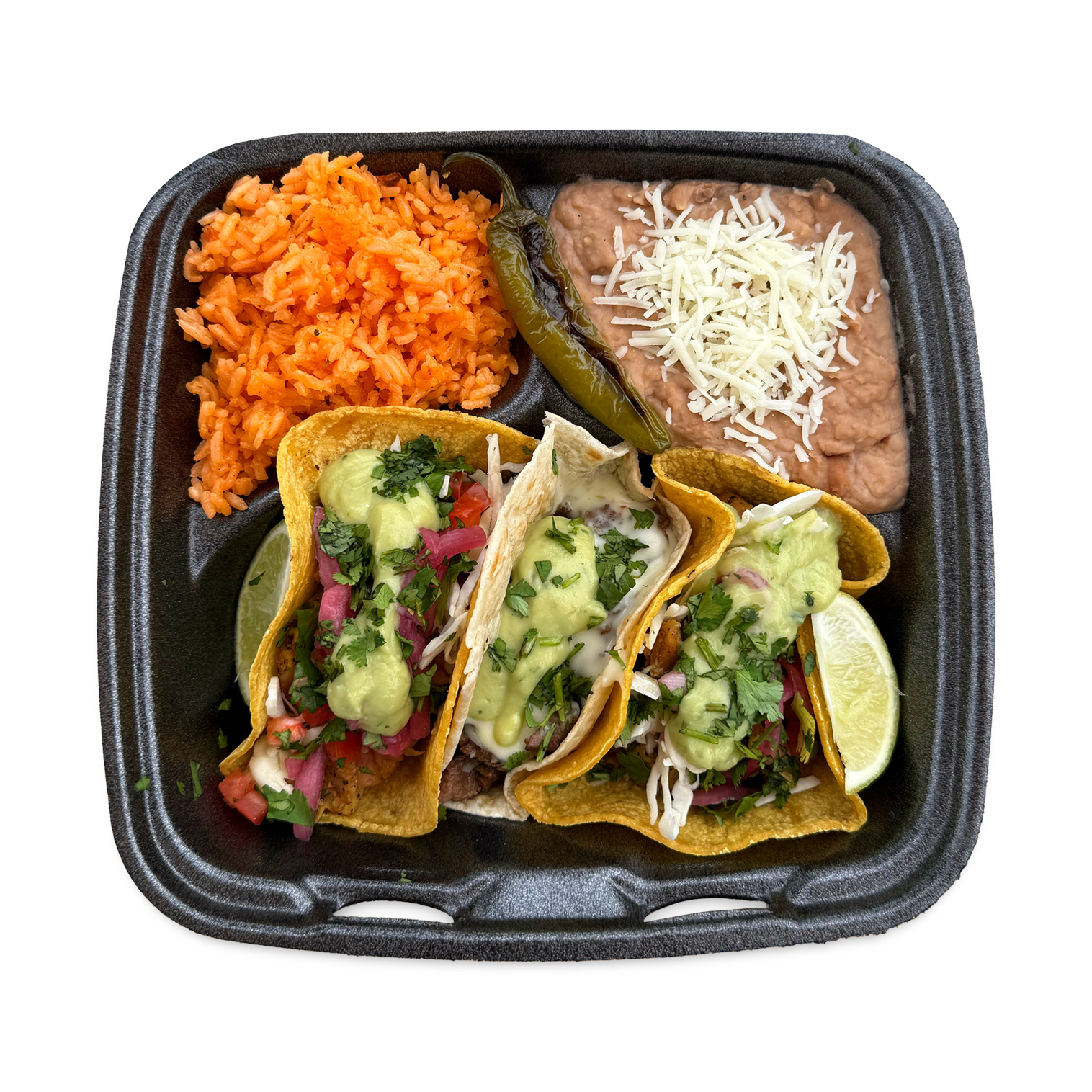 Mesquite-grilled three-taco plate with rice and beans