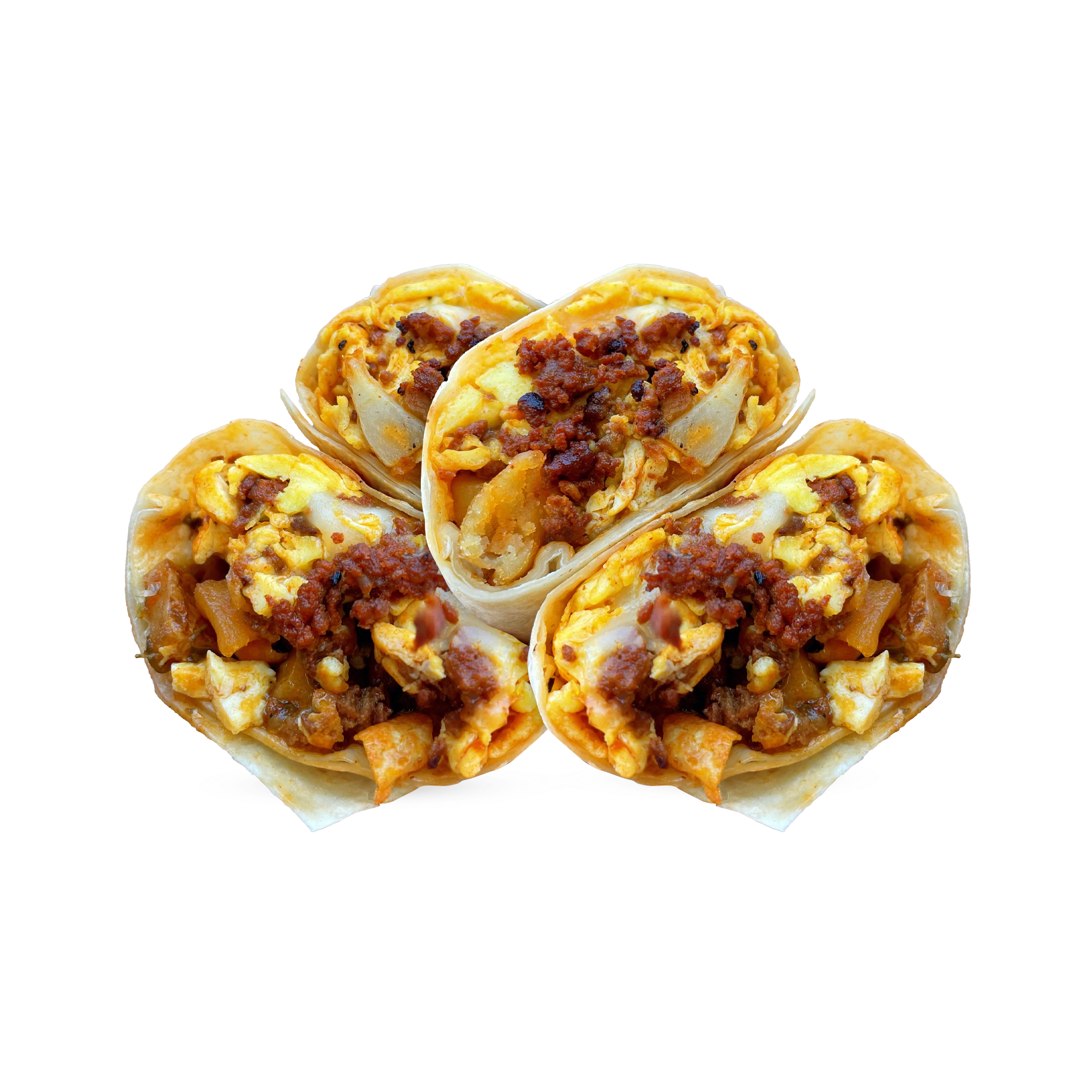 Fresh breakfast burritos with eggs, potatoes, and cheese