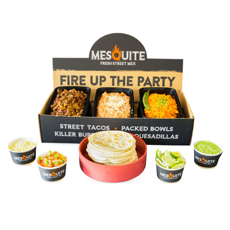 Mesquite Fresh Street Mex catering box with street tacos, packed bowls, tortillas, salsas, and toppings