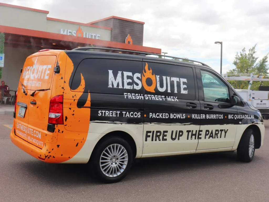 Mesquite Fresh Street Mex catering delivery van outside a Mesquite restaurant