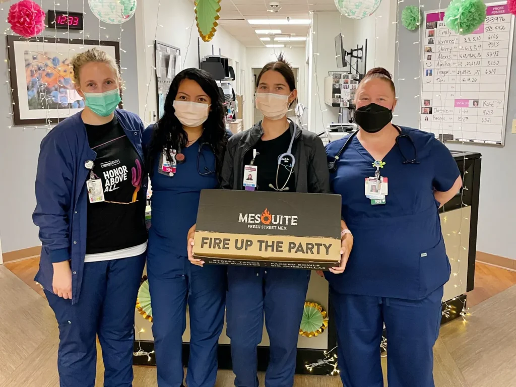 Hospital nursing team with their Mesquite Fresh Street Mex catering delivery