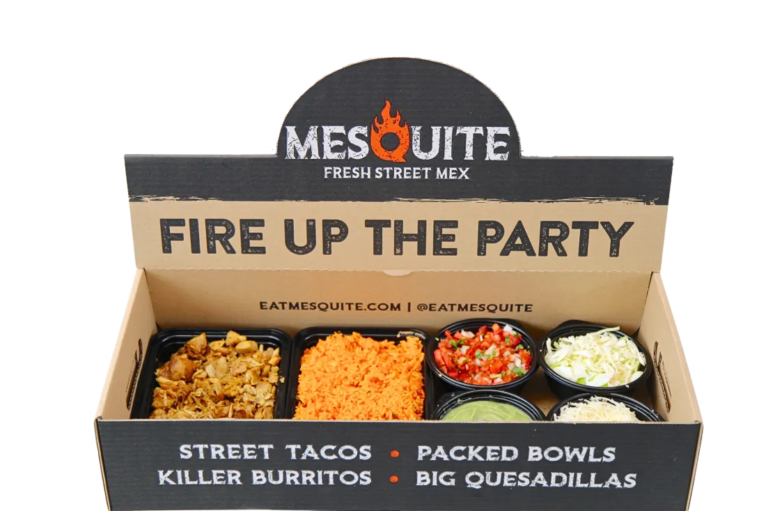 A Mesquite Family Meal box packed with fire grilled chicken, Spanish rice, pico, cabbage, guac sauce and cheese